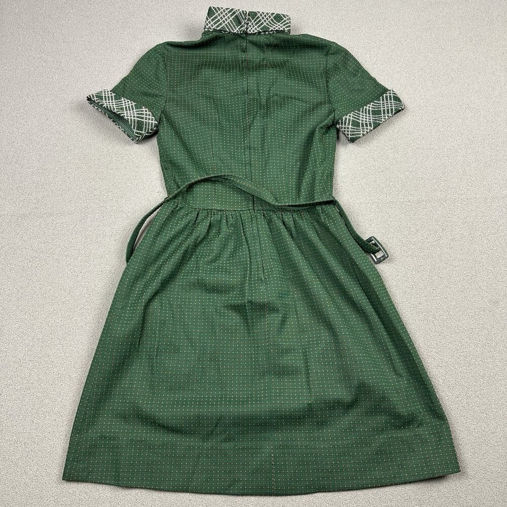 Vtg 70s Polyester Knit Green Dress w/ Belt Polka Dot High Neck 32B 26W 34L - Picture 9 of 9